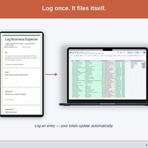 The expense form on a phone beside the Transactions tab it feeds: a notary purchase submitted on the form appears as a new row in the Expense Ledger, already sorted. Log an entry — your totals update automatically.