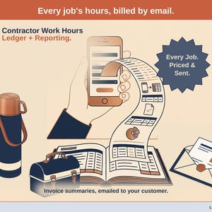 Puede incluir: Una ilustración gráfica que presenta un termo azul oscuro, una lonchera, un libro mayor abierto y un teléfono inteligente que muestra datos. El texto incluye: Every job's hours, billed by email. Contractor Work Hours Ledger + Reporting.