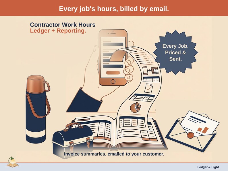 Title slide for the Contractor Work Hours Ledger + Reporting — lunch pail, thermos and speed square on a desk beside an open ledger, with a phone feeding it: labor, site visits and bids, priced by job.