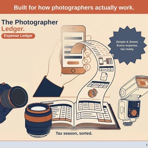 Title slide for the Photographer Ledger — “Expense Ledger” set over illustrated photographer objects on a desk. Expenses, mileage, and tax-ready reporting — with the categories you actually use.