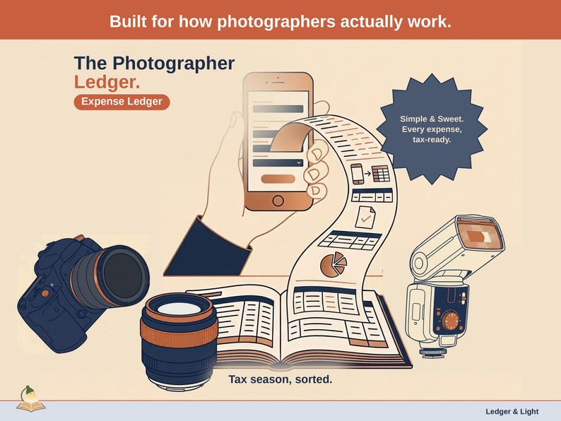 Title slide for the Photographer Ledger — “Expense Ledger” set over illustrated photographer objects on a desk. Expenses, mileage, and tax-ready reporting — with the categories you actually use.