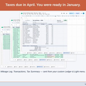 Two exported cards side by side — Tax Summary and Transactions — sent from the Expense & Mileage Ledger + Reporting’s custom Ledger & Light menu. A maker year, ready to hand over.