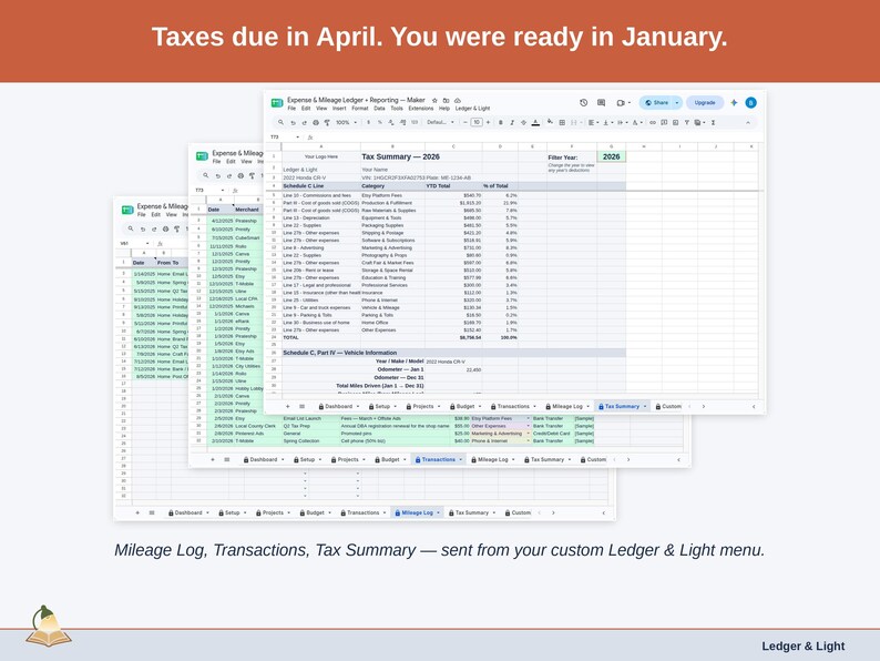 Two exported cards side by side — Tax Summary and Transactions — sent from the Expense & Mileage Ledger + Reporting’s custom Ledger & Light menu. A maker year, ready to hand over.
