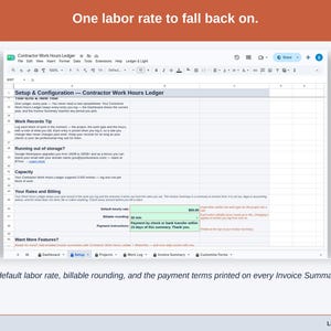 The Setup tab’s rates and billing section: a default labor rate, billable rounding, and the payment terms printed on every Invoice Summary.
