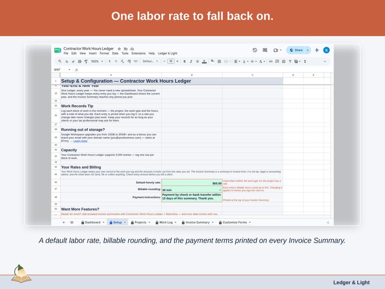The Setup tab’s rates and billing section: a default labor rate, billable rounding, and the payment terms printed on every Invoice Summary.