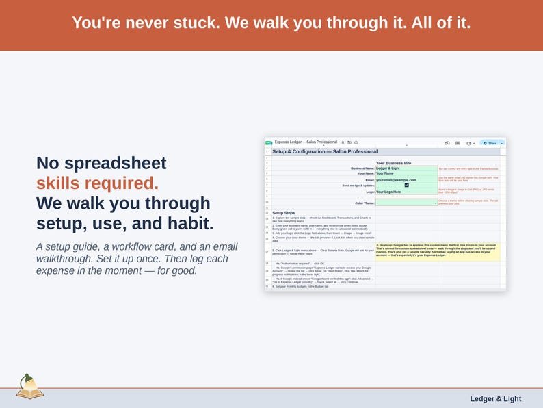 The Expense Ledger’s Setup tab on a laptop, walking a salon professional owner through first-time setup step by step. A setup guide, a workflow card, and an email walkthrough. Set it up once. Then log each expense in the moment — for good.