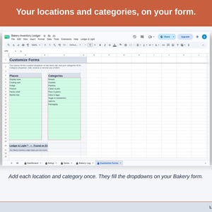 The Customize Forms tab: your locations and categories, which fill the dropdowns on the Bakery form.