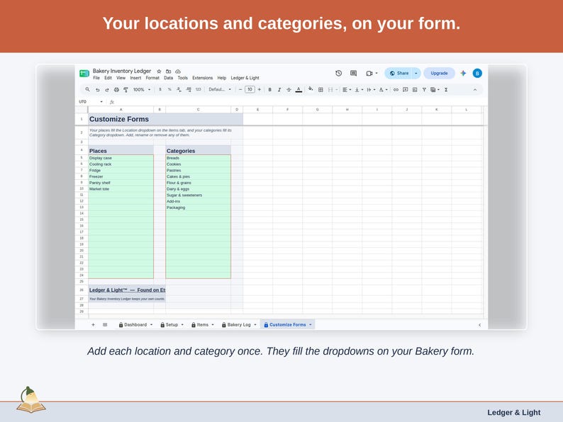 The Customize Forms tab: your locations and categories, which fill the dropdowns on the Bakery form.