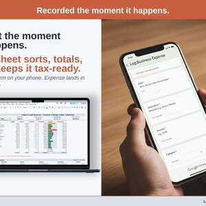 A laptop open to the Dashboard of a salon professional Expense & Mileage Ledger + Reporting in Google Sheets, with the headline “Log it the moment it happens. The sheet sorts, totals, and keeps it tax-ready”. Google Form on your phone. Expense lands in your sheet.