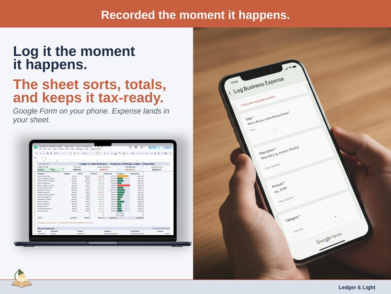 A laptop open to the Dashboard of a salon professional Expense & Mileage Ledger + Reporting in Google Sheets, with the headline “Log it the moment it happens. The sheet sorts, totals, and keeps it tax-ready”. Google Form on your phone. Expense lands in your sheet.