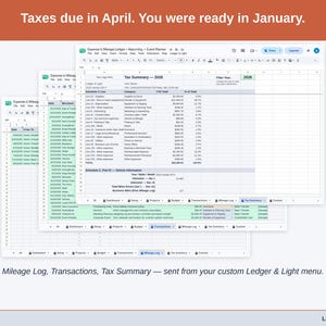 Two exported cards side by side — Tax Summary and Transactions — sent from the Expense & Mileage Ledger + Reporting’s custom Ledger & Light menu. A event planner year, ready to hand over.