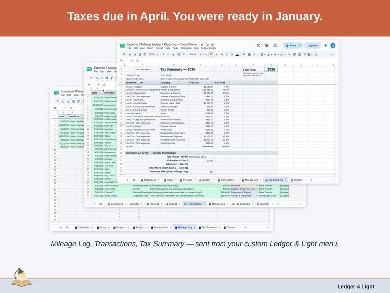 Two exported cards side by side — Tax Summary and Transactions — sent from the Expense & Mileage Ledger + Reporting’s custom Ledger & Light menu. A event planner year, ready to hand over.