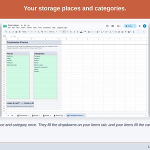 The Customize Forms tab: your storage places and categories, which fill the dropdowns on the Items tab, while your Items fill the variety list on the form.