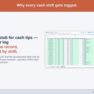A statement slide over the Tip Log: there is no pay stub for cash tips, so your shift-by-shift log is the record behind Form 4137 and the tip deduction.
