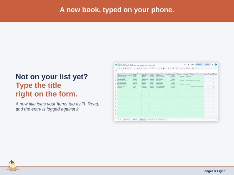 The Log Books form on a phone with the new-title question: a book that is not on your list yet is typed in and joins the Items tab as To Read.