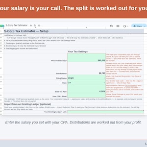 The Setup tab’s Your Tax Settings block: a reasonable salary entered by the owner, with the distributions worked out from profit beneath it.