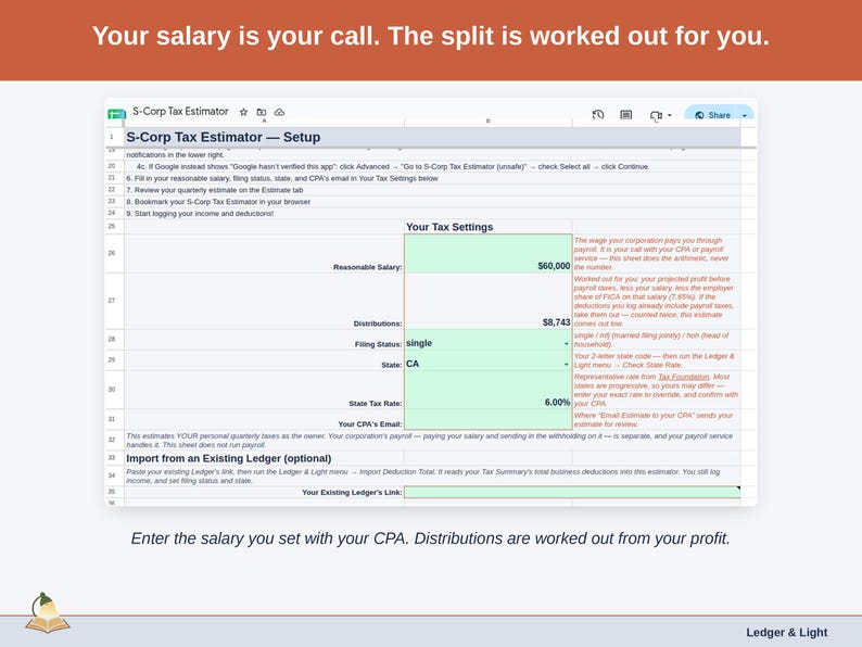 The Setup tab’s Your Tax Settings block: a reasonable salary entered by the owner, with the distributions worked out from profit beneath it.