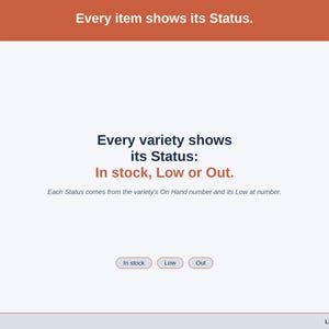A statement slide on Status: In stock, Low or Out, each worked out from On Hand and Low at.