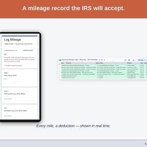 The Mileage Log tab — date, purpose, start and end odometer, miles, and the deduction at the IRS standard rate, calculated per trip. A bed & breakfast driving record built to be accepted.