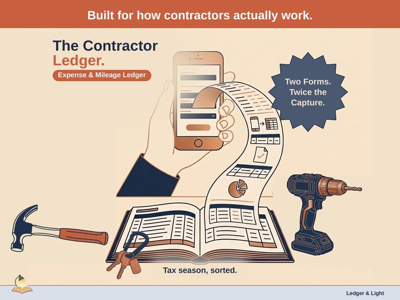 Title slide for the Contractor Ledger — “Expense & Mileage Ledger” set over illustrated contractor objects on a desk. Expenses, mileage, and tax-ready reporting — with the categories you actually use.