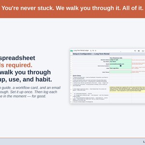 The Expense Ledger’s Setup tab on a laptop, walking a long-term rental owner through first-time setup step by step. A setup guide, a workflow card, and an email walkthrough. Set it up once. Then log each expense in the moment — for good.