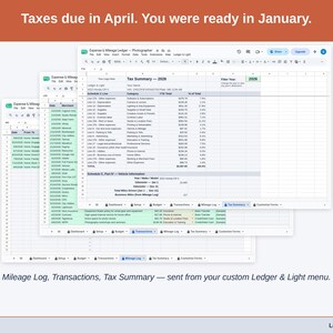 Two exported cards side by side — Tax Summary and Transactions — sent from the Expense & Mileage Ledger’s custom Ledger & Light menu. A photographer year, ready to hand over.