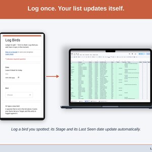 A logged entry moving from the phone form into the Items tab on a laptop, where the Stage and the date update on their own.