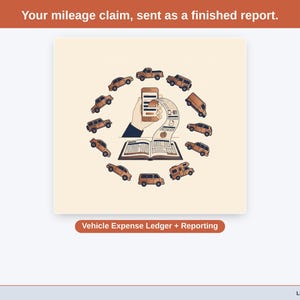 Title slide for the Vehicle Expense Ledger + Reporting — the product name over illustrated driving and vehicle objects. Your mileage claim, sent as a finished report.