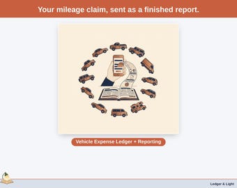 May include: A graphic illustration featuring the text "Your mileage claim, sent as a finished report." and "Vehicle Expense Ledger + Reporting." A hand holds a smartphone printing a receipt into an open ledger, surrounded by various vehicle icons.