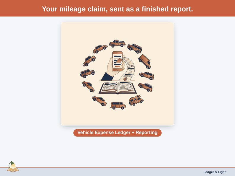 Title slide for the Vehicle Expense Ledger + Reporting — the product name over illustrated driving and vehicle objects. Your mileage claim, sent as a finished report.