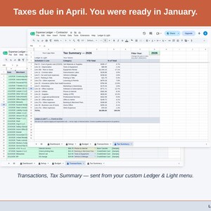 Two exported cards side by side — Tax Summary and Transactions — sent from the Expense Ledger’s custom Ledger & Light menu. A contractor year, ready to hand over.