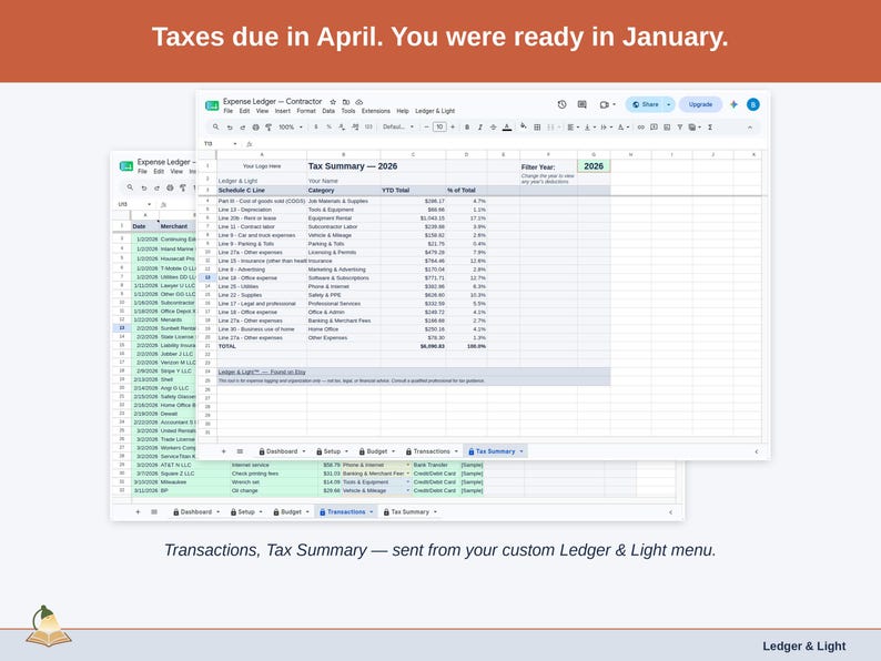 Two exported cards side by side — Tax Summary and Transactions — sent from the Expense Ledger’s custom Ledger & Light menu. A contractor year, ready to hand over.
