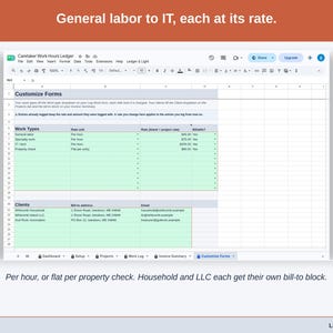 The Customize Forms tab: general labor through IT, each at its own rate per hour or flat per property check, and a bill-to block for the household and for the LLC.