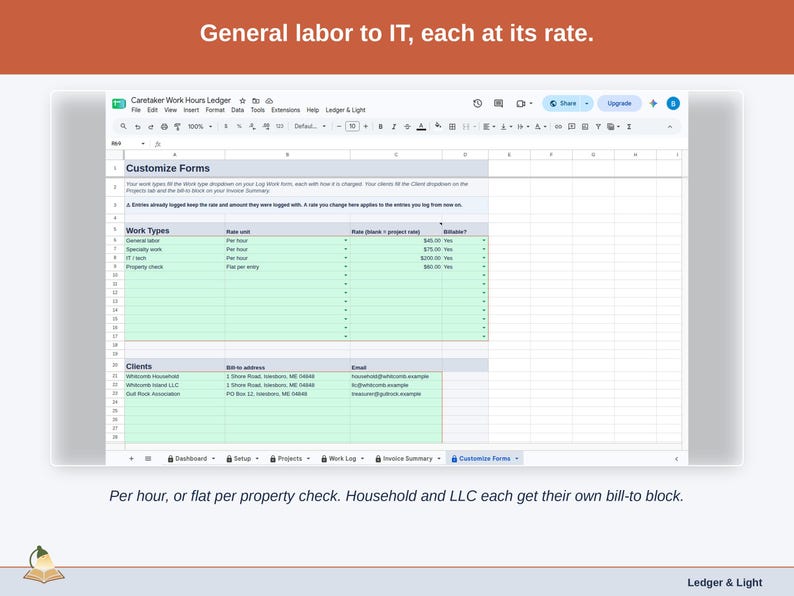 The Customize Forms tab: general labor through IT, each at its own rate per hour or flat per property check, and a bill-to block for the household and for the LLC.