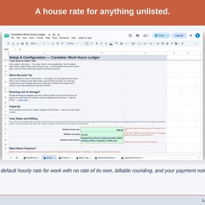 The Setup tab’s rates and billing section: a default hourly rate for work with no rate of its own, billable rounding, and your payment note.