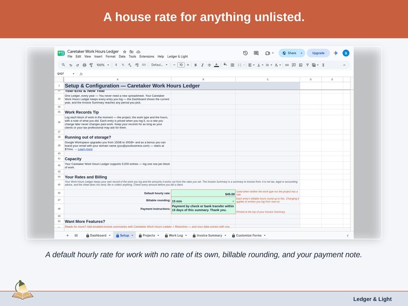 The Setup tab’s rates and billing section: a default hourly rate for work with no rate of its own, billable rounding, and your payment note.