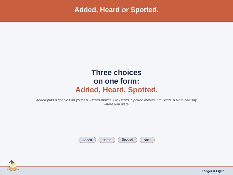 A statement slide: Added puts a species on your list, Heard moves it to Heard, and Spotted moves it to Seen.