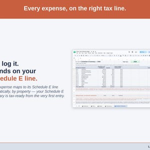 The Tax Summary tab on a laptop, every short-term rental expense already sitting on its Schedule C line. Each expense maps to its Schedule E line automatically, by property — your Schedule E Summary is tax-ready from the very first entry.