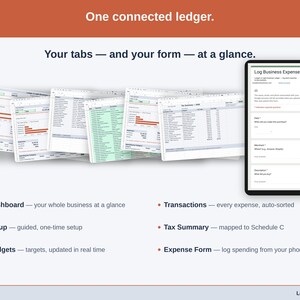 The sheet’s tabs fanned out — Dashboard, Setup, Budgets, Transactions, Tax Summary, Expense Form — plus the phone form that feeds them. Everything a salon professional ledger is made of, in one view.