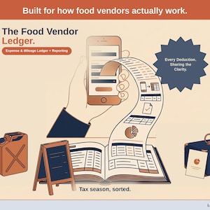 Title slide for the Food Vendor Ledger — “Expense & Mileage Ledger + Reporting” set over illustrated food vendor objects on a desk. Expenses, mileage, and tax-ready reporting — with the categories you actually use.