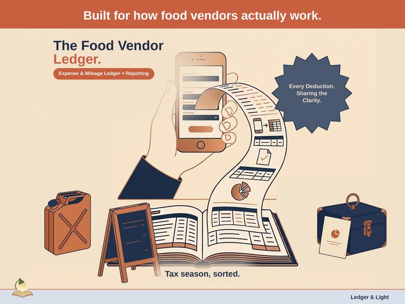 Title slide for the Food Vendor Ledger — “Expense & Mileage Ledger + Reporting” set over illustrated food vendor objects on a desk. Expenses, mileage, and tax-ready reporting — with the categories you actually use.