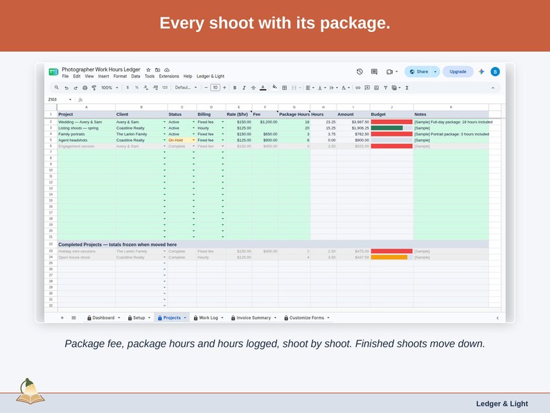 The Projects tab: every shoot with its package fee, package hours and hours logged; finished shoots sit below.