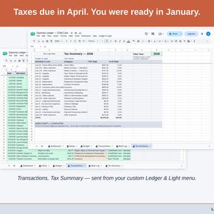 Two exported cards side by side — Tax Summary and Transactions — sent from the Expense Ledger’s custom Ledger & Light menu. A child care year, ready to hand over.