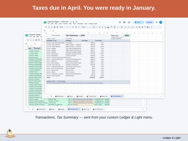 Two exported cards side by side — Tax Summary and Transactions — sent from the Expense Ledger’s custom Ledger & Light menu. A child care year, ready to hand over.
