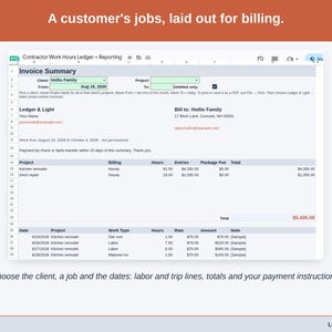 The Invoice Summary tab: Choose the client, a job and the dates: labor and trip lines, totals and your payment instructions.