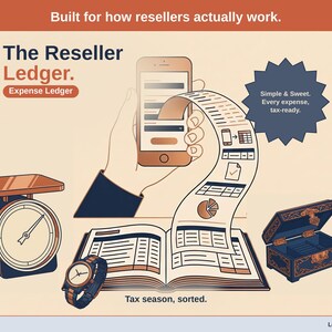 Title slide for the Reseller Ledger — “Expense Ledger” set over illustrated reseller objects on a desk. Expenses, mileage, and tax-ready reporting — with the categories you actually use.