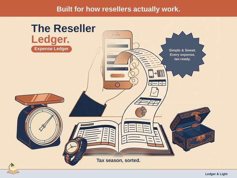 Title slide for the Reseller Ledger — “Expense Ledger” set over illustrated reseller objects on a desk. Expenses, mileage, and tax-ready reporting — with the categories you actually use.