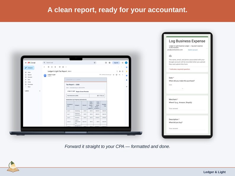 An emailed report open in Gmail — the long-term rental year formatted and sent straight from the sheet, ready to forward to an accountant.
