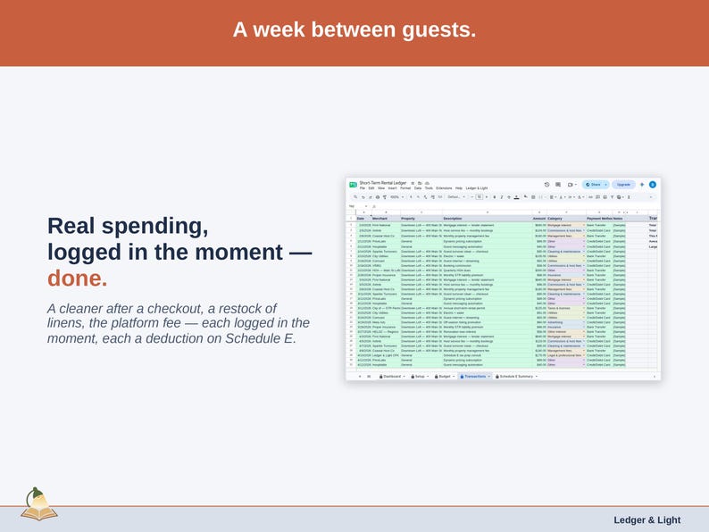 The Transactions tab showing one real day of short-term rental spending — a cleaner after a checkout, a restock of linens, the platform fee — each logged in the moment, each a deduction on Schedule E.