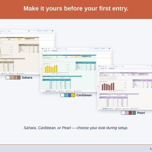 The same reseller Mileage Ledger Dashboard shown three times in Sahara, Caribbean, or Pearl — the color choice made once, during setup.